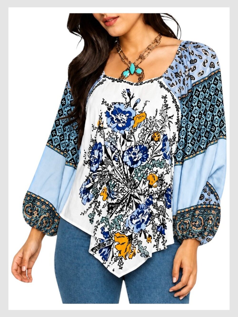 Free People Positano Blouse Ivory Multi Patchwork Balloon Sleeve XS